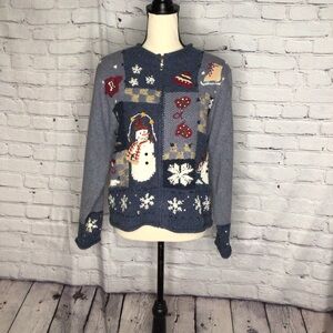 Croft & Barrow Gray Snowflake Snowman Vintage Winter Theme Sweater Petite Large